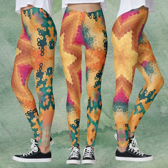 Hex Mandala Orange Blue and Pink Leggings (Orange Blue and Pink Hexagon Mandala Leggings by Wormhole Orbital)