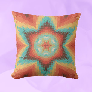 Hex Mandala Orange Blue and Yellow Cushion