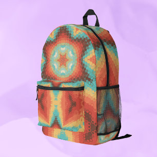 Hex Mandala Orange Blue and Yellow Printed Backpack