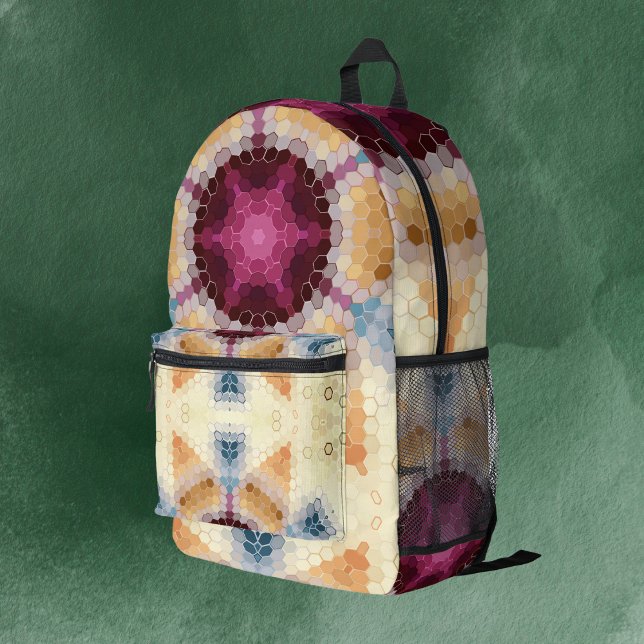 Hex Mandala Orange Pink and Blue Printed Backpack (Creator Uploaded)