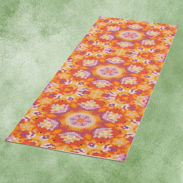 Hex Mandala Orange Purple and White Yoga Mat (Orange Purple and White Hexagon Mandala Yoga Mat by Wormhole Orbital)