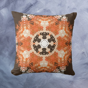 Hex Mandala Orange White and Brown Cushion