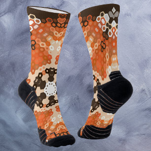 Hex Mandala Orange White and Brown Socks