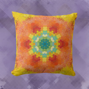 Hex Mandala Orange Yellow Red and Blue Cushion