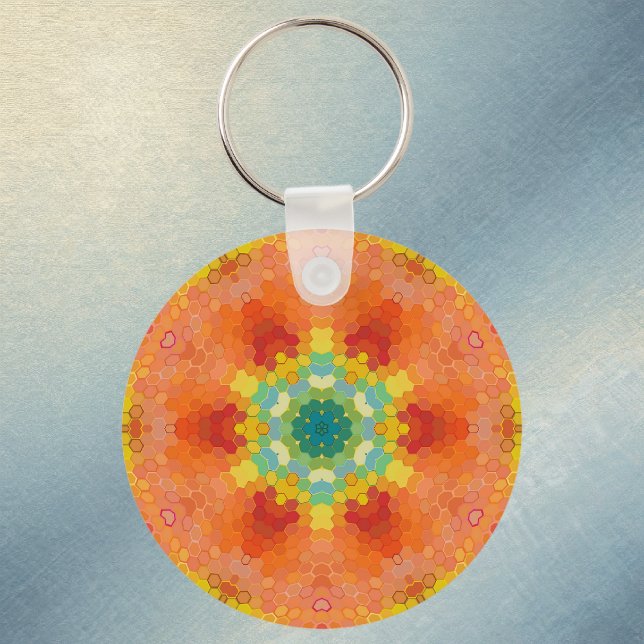 Hex Mandala Orange Yellow Red and Blue Key Ring (Orange Yellow Red and Blue Hexagon Mandala Keychain by Wormhole Orbital)