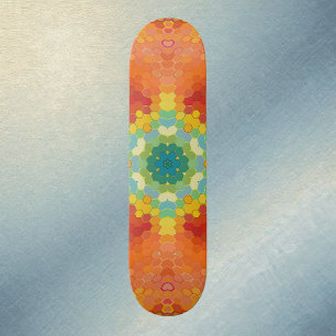 Hex Mandala Orange Yellow Red and Blue Skateboard