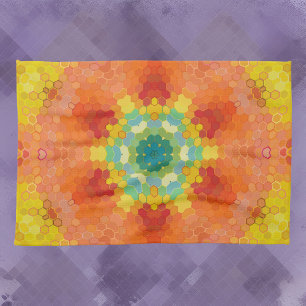 Hex Mandala Orange Yellow Red and Blue Tea Towel