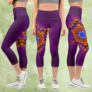 Hex Mandala Purple Orange and Blue Capri Leggings