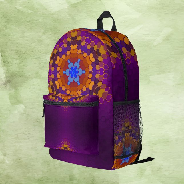 Hex Mandala Purple Orange and Blue Printed Backpack (Creator Uploaded)