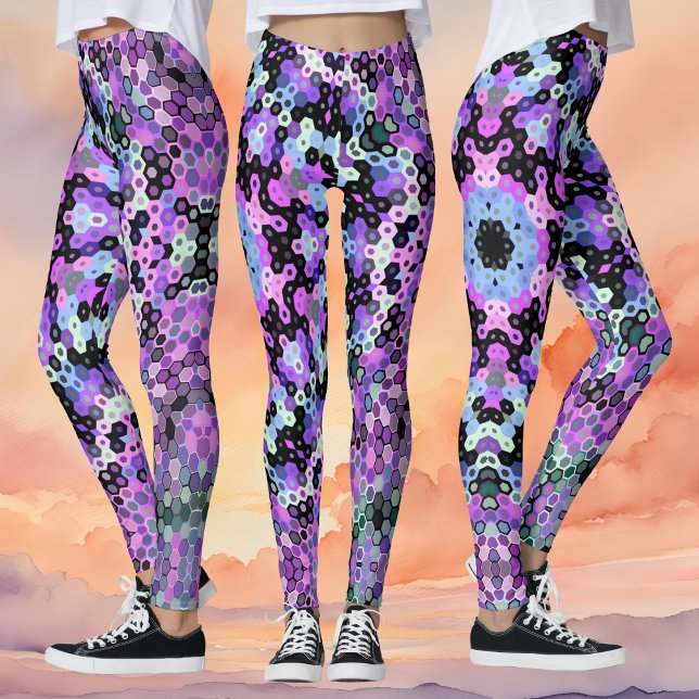 Hex Mandala Purple Pink and Blue Leggings (Purple Pink and Blue Hexagon Mandala Leggings By Wormhole Orbital)