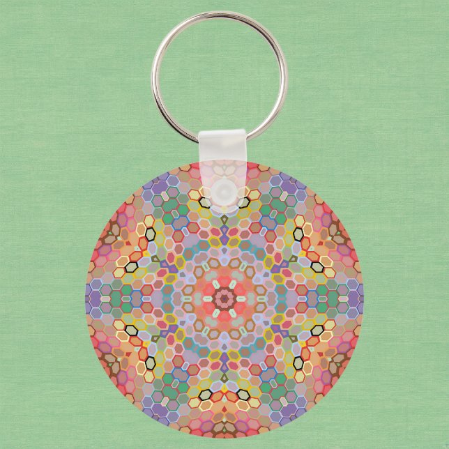 Hex Mandala Rainbow Key Ring (Rainbow Hexagon Mandala Keychain by Wormhole Orbital)