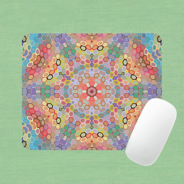 Hex Mandala Rainbow Mouse Mat (Rainbow Hexagon Mandala Mouse Pad by Wormhole Orbital)