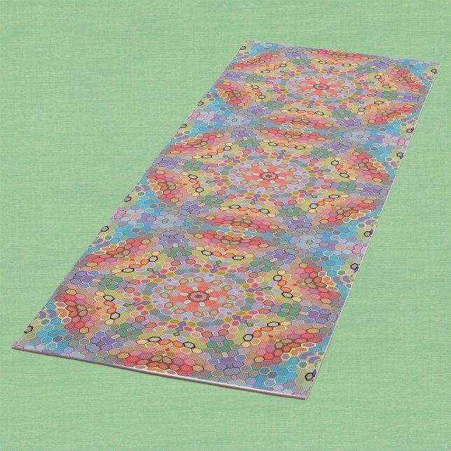 Hex Mandala Rainbow Yoga Mat (Rainbow Hexagon Mandala Yoga Mat by Wormhole Orbital)