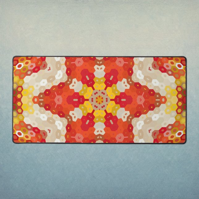 Hex Mandala Red and Yellow Desk Mat (Red and Yellow Hexagon Mandala Desk Mat by Wormhole Orbital)