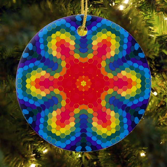 Hex Mandala Red Yellow and Blue Ceramic Tree Decoration (Red Yellow and Blue Hexagon Mandala Ornament from Wormhole Orbital)
