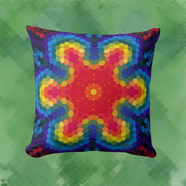Hex Mandala Red Yellow and Blue Cushion (Creator Uploaded)