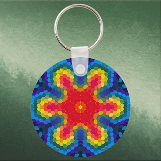 Hex Mandala Red Yellow and Blue Key Ring