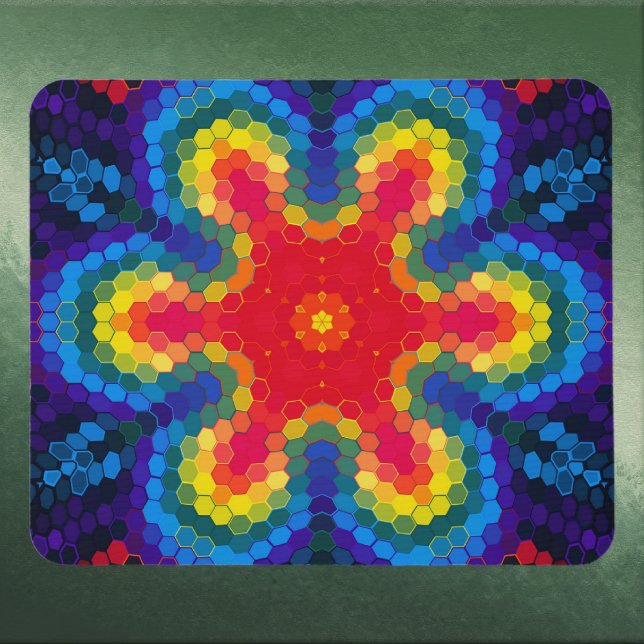 Hex Mandala Red Yellow and Blue Mouse Mat (Red Yellow and Blue Hexagon Mandala Mouse Pad by Wormhole Orbital)