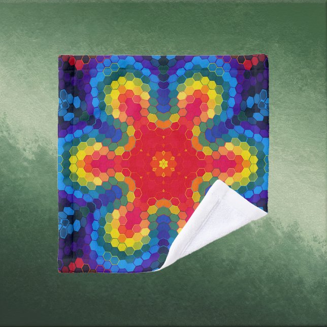 Hex Mandala Red Yellow and Blue Wash Cloth (Red Yellow and Blue Hexagon Mandala Wash Cloth by Wormhole Orbital)