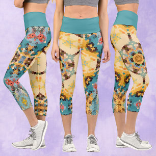 Hex Mandala Yellow and Blue Capri Leggings