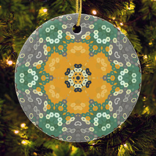 Hex Mandala Yellow Teal and Brown Ceramic Tree Decoration