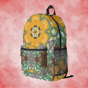 Hex Mandala Yellow Teal and Brown Printed Backpack