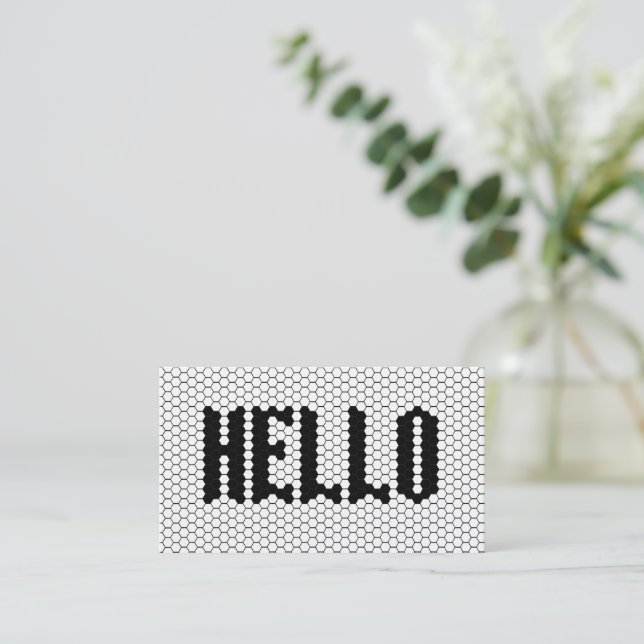Hex tile black and white modern hello design light business card (Standing Front)