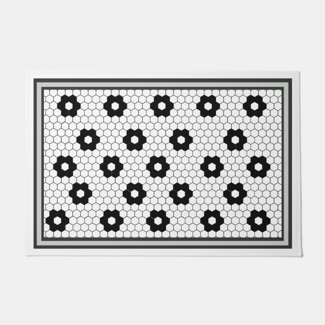 Hex tile design green grey doormat (Front)
