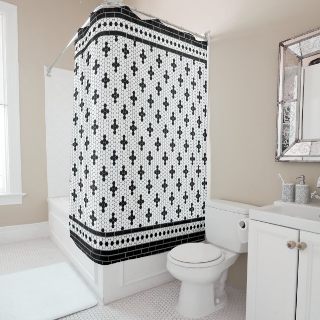 Hex Tile Mosaic Black and White Shower Curtain (In Situ)