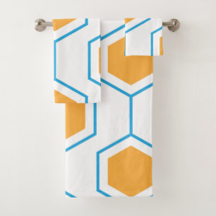 Hexagon abstract geometrical pattern in orange blu bath towel set