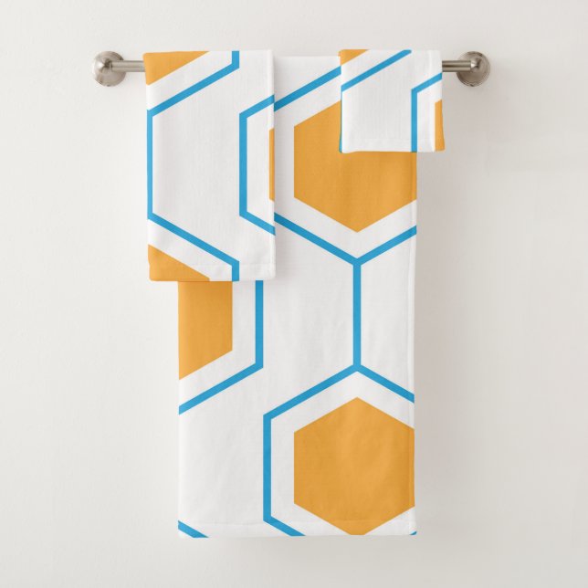 Hexagon abstract geometrical pattern in orange blu bath towel set (Insitu)