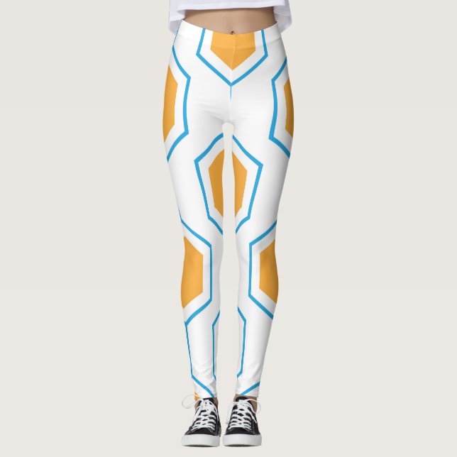 Hexagon abstract geometrical pattern in orange blu leggings (Front)