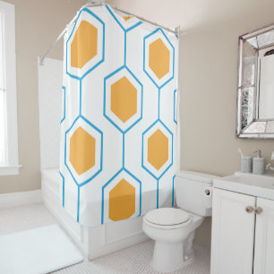 Hexagon abstract geometrical pattern in orange blu shower curtain