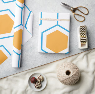 Hexagon abstract geometrical pattern in orange blu wrapping paper