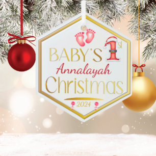 Hexagon Baby 1st Christmas Personalised Keepsake   Glass Tree Decoration