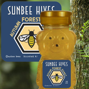 Hexagon Bee Modern Blue Honey Label 