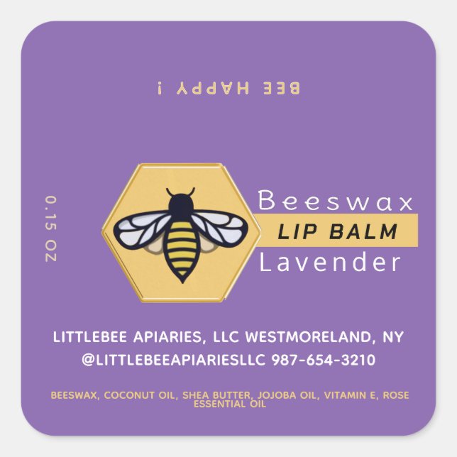 HEXAGON Beeswax Lavender LIP BALM with BEE Square Sticker (Front)