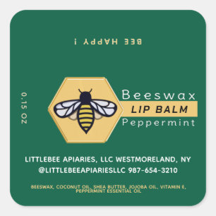 HEXAGON Beeswax Peppermint LIP BALM with BEE  Square Sticker