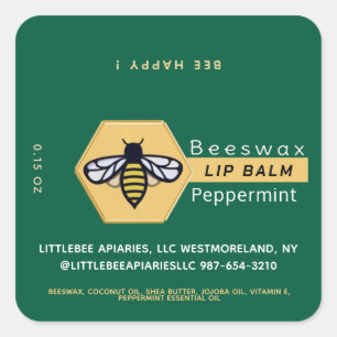 HEXAGON Beeswax Peppermint LIP BALM with BEE  Square Sticker