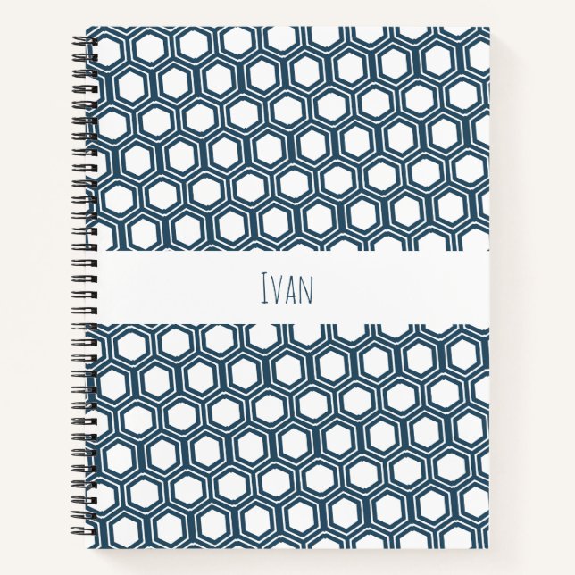 Hexagon Blue White Minimal Pattern Notebook (Front)