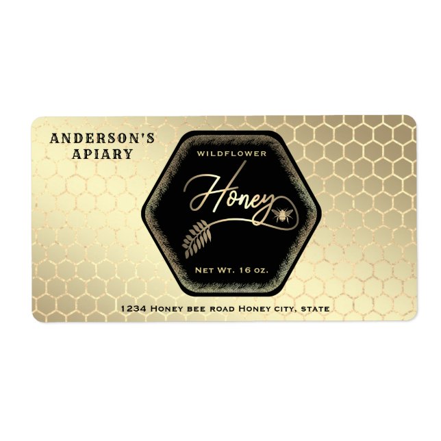 Hexagon branch  gold bee honey jar  (Front)