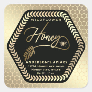 Hexagon branch gold bee honey jar square sticker