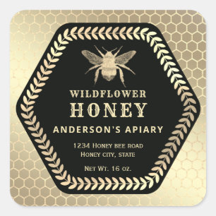 Hexagon branch gold bee honey jar square sticker