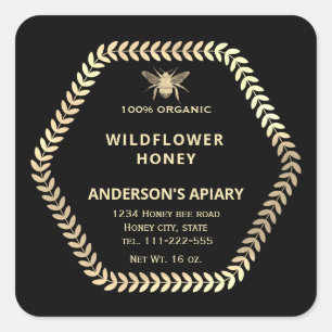 Hexagon branch gold bee honey jar square sticker