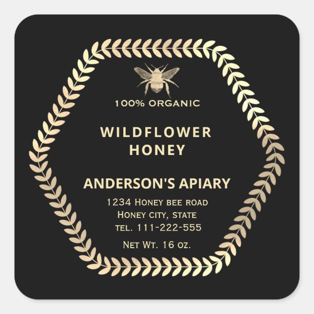 Hexagon branch  gold bee honey jar square sticker (Front)
