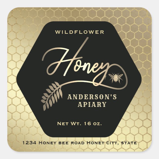 Hexagon branch  gold bee honey jar  square sticker (Front)
