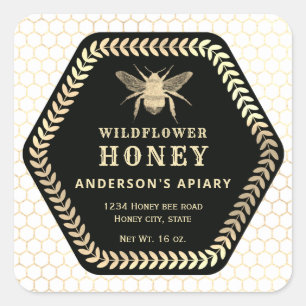 Hexagon branch  gold bee honey jar square sticker