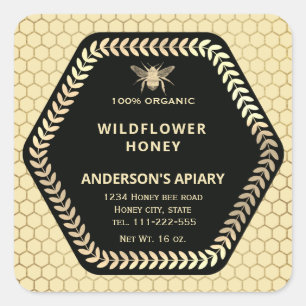 Hexagon branch gold bee honey jar square sticker