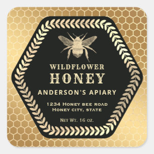 Hexagon branch  gold bee honey jar square sticker