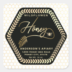Hexagon branch gold bee honey jar square sticker